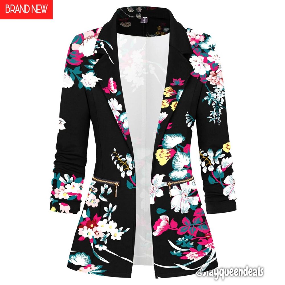 Long Sleeve Blazer Jacket With Zipper Pockets, Stretchy Fit For Work Office
